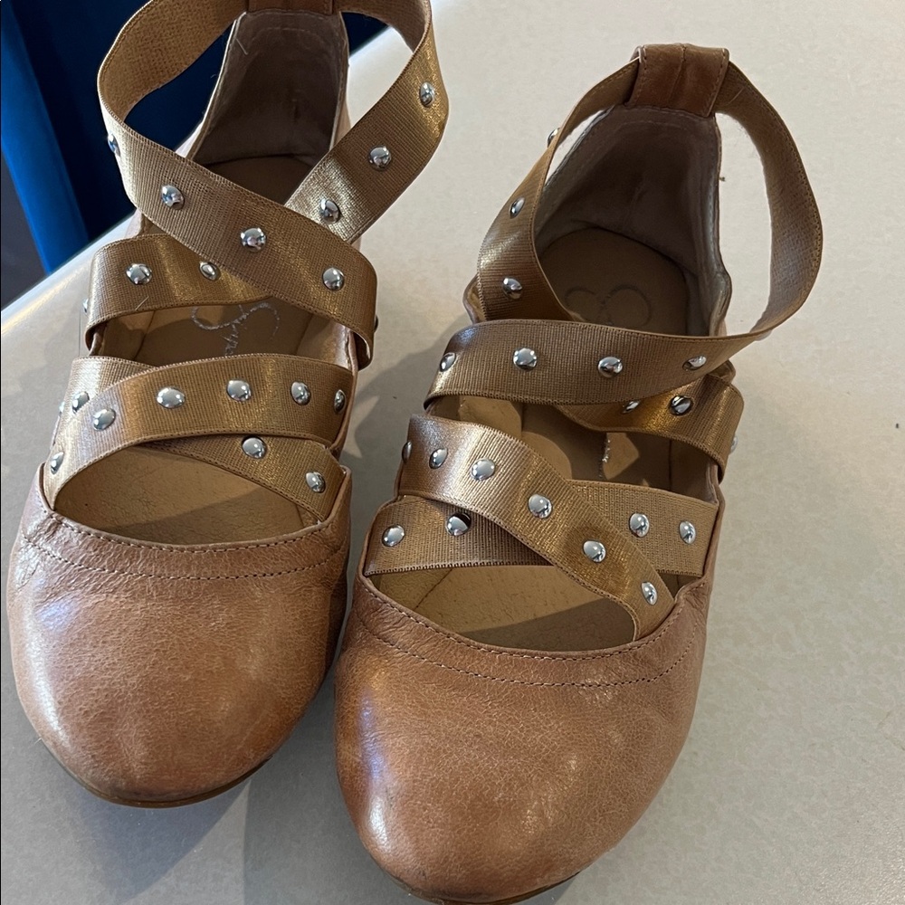 Jessica Simpson Tan Strappy Flats with Embellishments